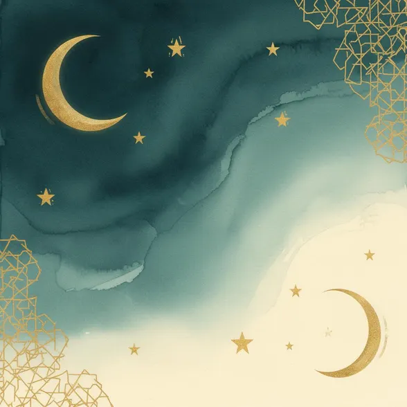 Watercolour Eid scene with crescent and warm accents
